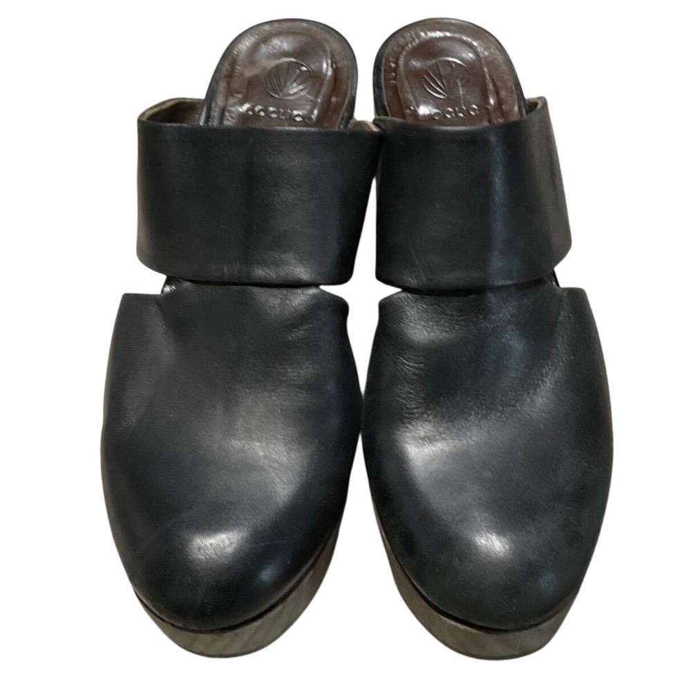 Coclico Leather Wedge Mules Womens 38 Black Cutout Platform Wooden Clogs